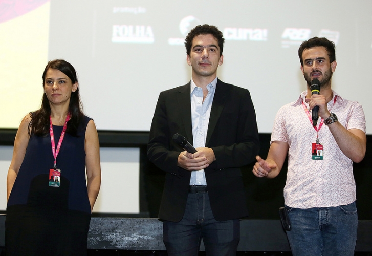 Renata de Almeida, Nathanael Karmitz e Felipe Lorca (Receptivo), na sessão do filme Marin Karmitz: Uma Vida nos Filmes
