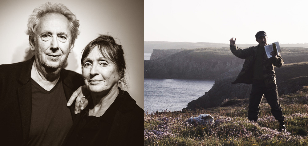 Duas imagens: à esquerda, o casal de diretores Nicolas Klotz e Elisabeth Perceval; à direita, cena do documentário, que mostra um homem lendo um livro em uma montanha, com o mar atrás